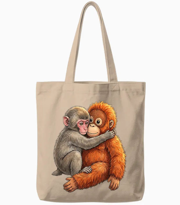 Baby Macaque Hugging Plush Cute Monkey Monkey Punch Tote Bags in Natural