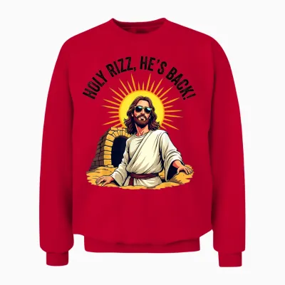 Holy Rizz, Il Est De Retour Humour Chrétien Drôle Jésus Meme Unisex Sweatshirt - Red