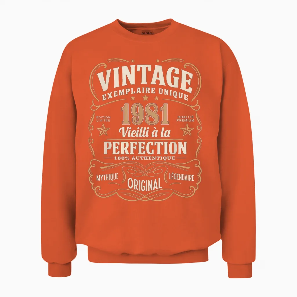 44 Years Man 1981 Birthday T Shirt 44 Years Man 1981 T-Shirt, Black, S Unisex Sweatshirt in Orange
