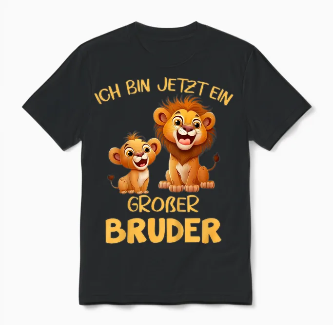 Children's T-Shirt with German Text "ich Bin Jetzt Ein Großer Bruder Löwen" Motif, Black Unisex T-Shirt in Black