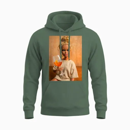 Disgusted Face Doll Meme Funny Orange Spritz Cocktail Fun Unisex Hoodie in Military Green