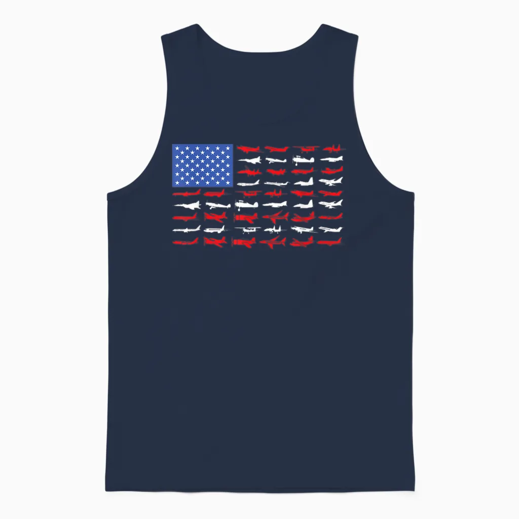 Pilot Airplane American Flag Plane Aviation Short Sleeve Unisex Tank Top in Navy