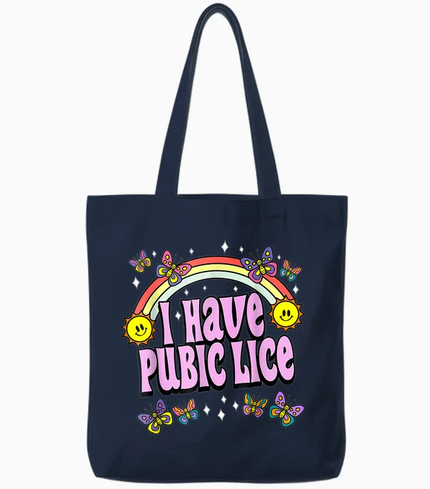 I Have Pubic Lice Funny Retro Offensive Inappropriate Meme Tote Bags in Navy