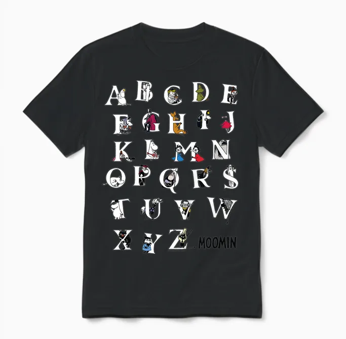 Kids Moomin Alphabet Color Kids T-Shirt, Blue Unisex T-Shirt in Black