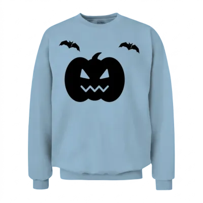 Halloween Pumpkin Smile with Two Bats Unisex Sweatshirt - Light Blue