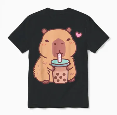Cute Capybara Kawaii Anime Drinking Bubble Tea Lover Girls Unisex T-Shirt - Black