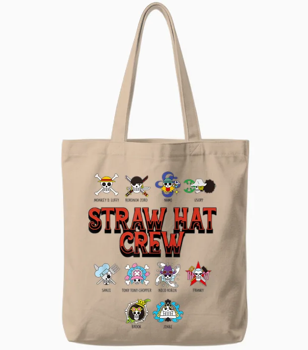 One Piece Anime Straw Hat Crew Jolly Roger Logos Tote Bags in Natural