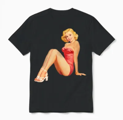 Vintage Retro Pin Up Girl in Red Unisex T-Shirt - Black