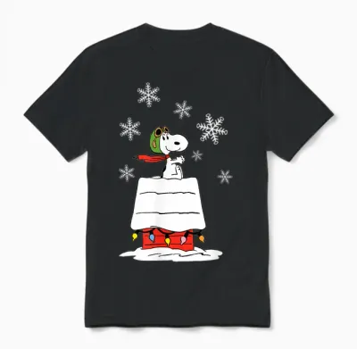 Peanuts Snoopy Flying Ace Holiday Dog House Unisex T-Shirt - Black