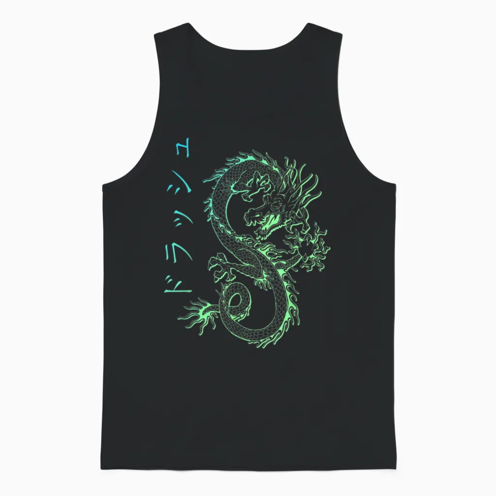 Asian E-Girl Aesthetic Retro E-Boy Kanji Japan Dragon Unisex Tank Top in Black