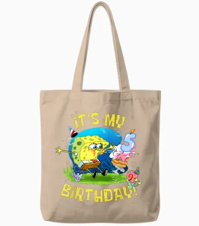 Mademark X Spongebob Squarepants - Spongebob It's My 5th Birthday Cake B-Day Kids Spongebob Tote Bags - Natural