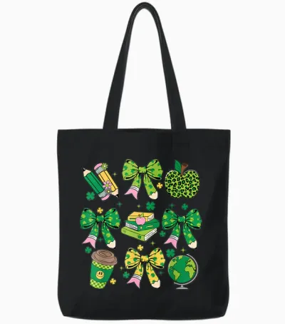 St Patrick's Day Lucky Teacher Shamrock Coquette Bow Pencil Tote Bags - Black