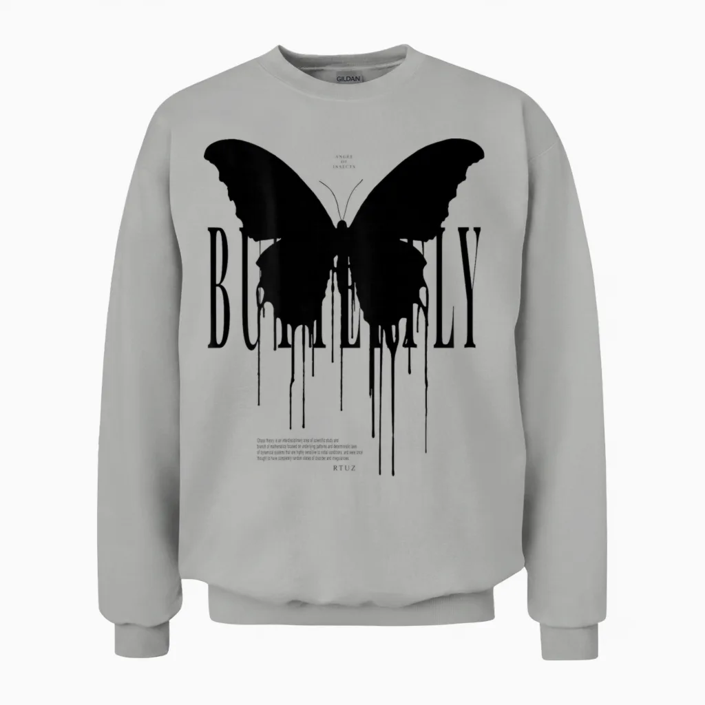 Y2k Hip Hop Backprint Streetwear Chaos Effect Butterfly T-Shirt, Gray Unisex Sweatshirt in Ash