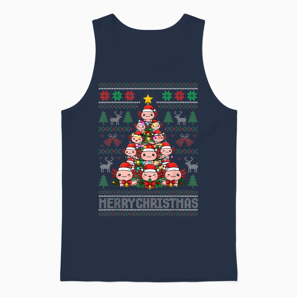 Cute Axolotl Christmas Tree Ugly Sweater Merry Xmas Holiday Unisex Tank Top in Navy