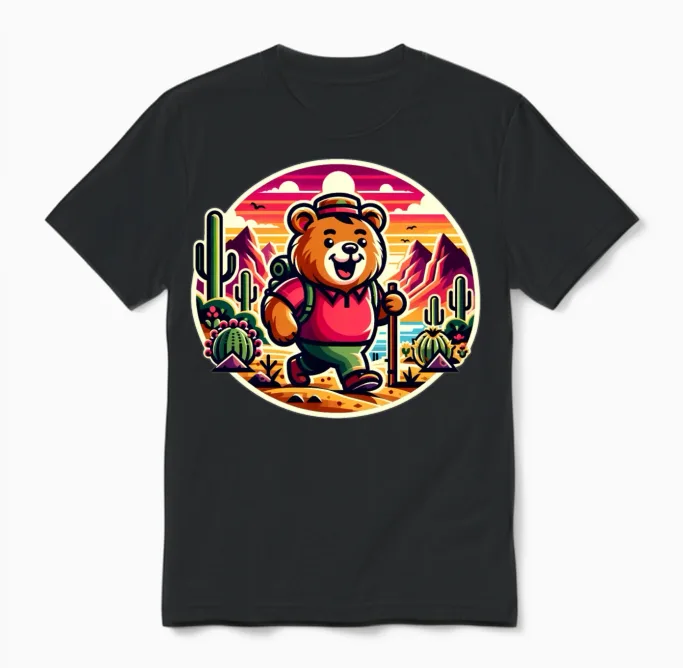 Cute Desert Hiking Bear Wildlife Gift Unisex T-Shirt in Black
