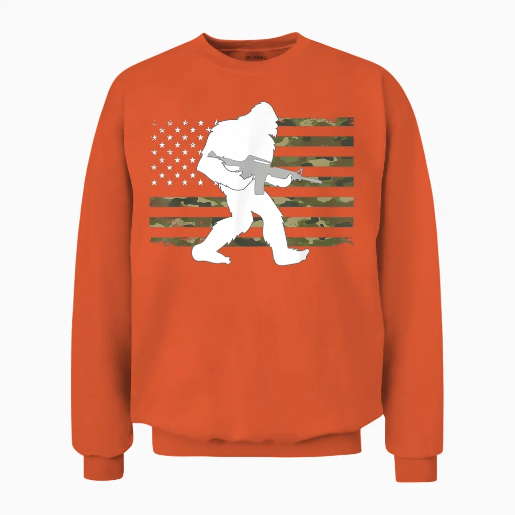 Bigfoot Gun Owner Camo Us American Flag Sasquatch Ar15 Rifle Unisex Sweatshirt in Orange