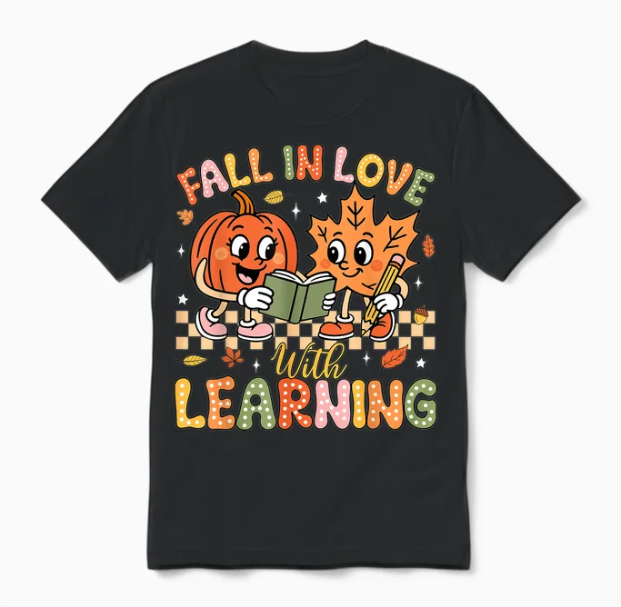 Retro Fall in Love with Learning Autumn Pumpkin Teacher Unisex T-Shirt in Black
