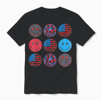 Happy 4th of July Groovy Smile Face Red White Blue Usa Flag T-Shirt for Women Kids Men Unisex T-Shirt - Black