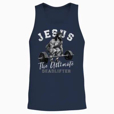 Jesus the Ultimate Deadlifter Funny Christian Workout Gym T-Shirt, Small, Black Unisex Tank Top - Navy