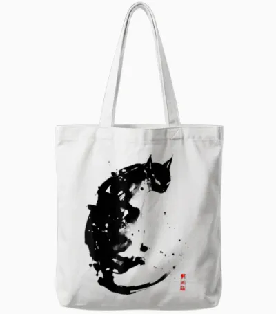 Japanese Ink Japan Anime Manga Harajuku Aesthetic Black Cat Tote Bags - White