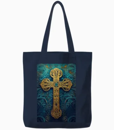Ornate Golden Celtic Cross Tote Bags - Navy