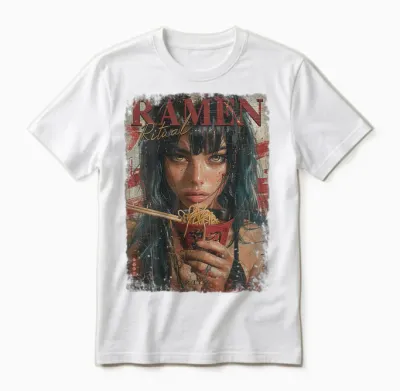 Backprint Pin-Up Girl Ramen Noodle Anime Manga Asian Ramen T-Shirt, Black Unisex T-Shirt - White
