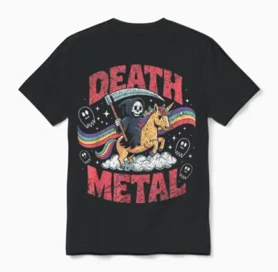 Death Metal Music Reaper Unicorn Rainbow Fun T-Shirt, Black, S Unisex T-Shirt - Black