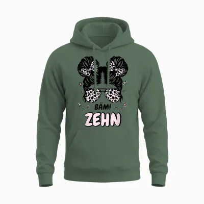 Kids 10th Birthday Girl Messy Bun Bäm! Ten T-Shirt, Black, S Unisex Hoodie - Military Green