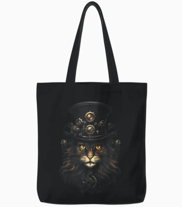 Steampunk Cat T-Shirt, Black Tote Bags in Black