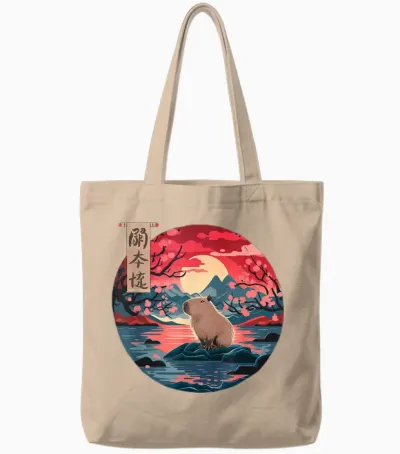 Capybara Vintage Japan Art Japanese Capybara Sunset Tote Bags - Natural