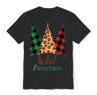 Plaid Pattern ,leopard Print Christmas Tree Unisex T-Shirt - Black