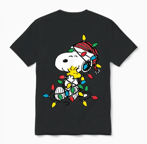 Peanuts - Snoopy Woodstock Christmas Lights Unisex T-Shirt in Black