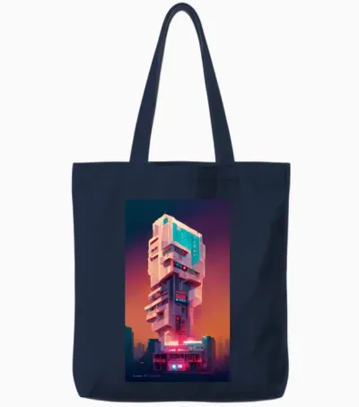 Building Cyberpunk Art by 80kingz & Keyokonawa Tote Bags - Navy