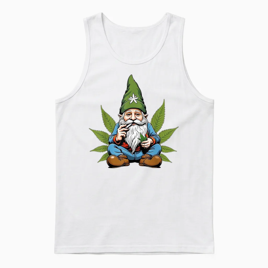 Hippie Gnome Smoking Weed Pot Leaf 420 Marijuana Cannabis Unisex Tank Top in White
