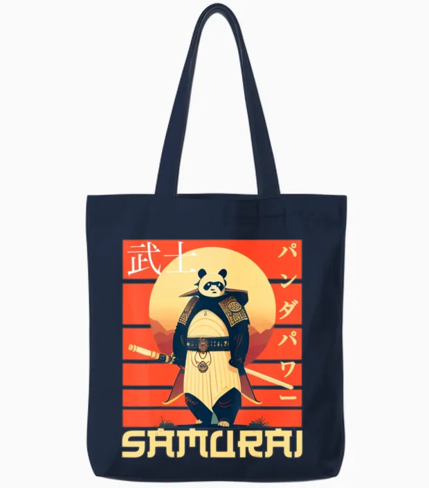 Retro Samurai Panda Tote Bags in Navy