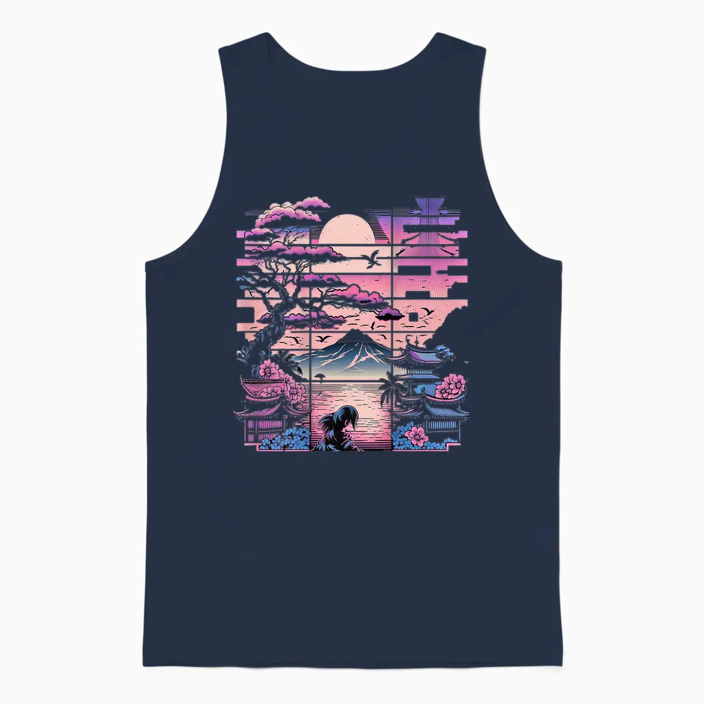 Backprint Japan Aesthetic Vaporwave Cherry Blossom Unisex Tank Top in Navy