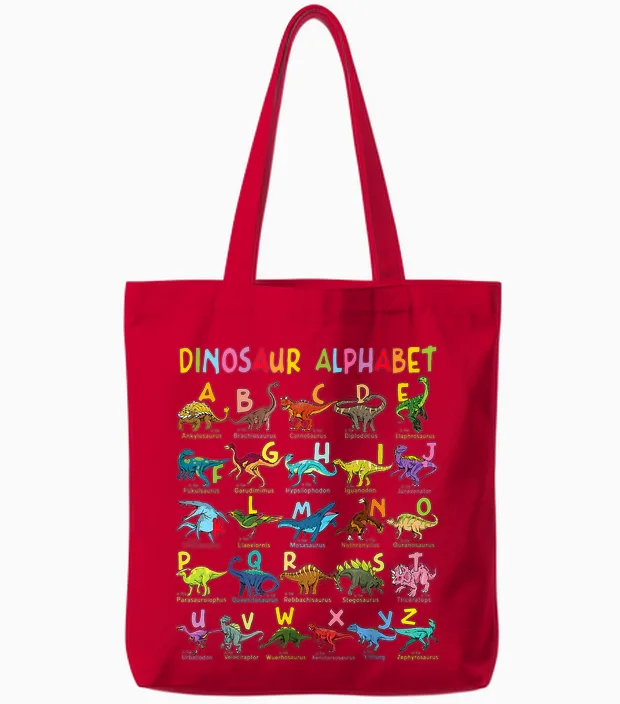 Types of Dinosaurs Alphabet A-Z Abc Dino Identification Tote Bags in Red
