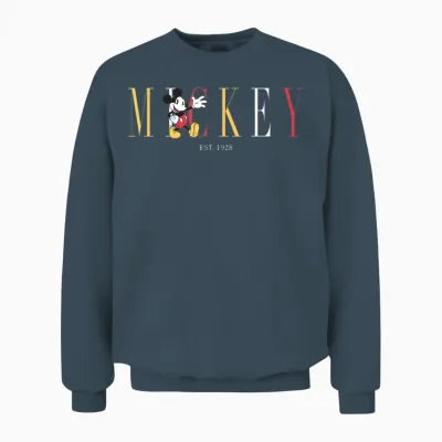 Disney Mens Classic Disney Mickey and Friends Mickey Mouse Est 1928 Simple Text T Shirt, Blue, Small Us Unisex Sweatshirt - Dark Heather