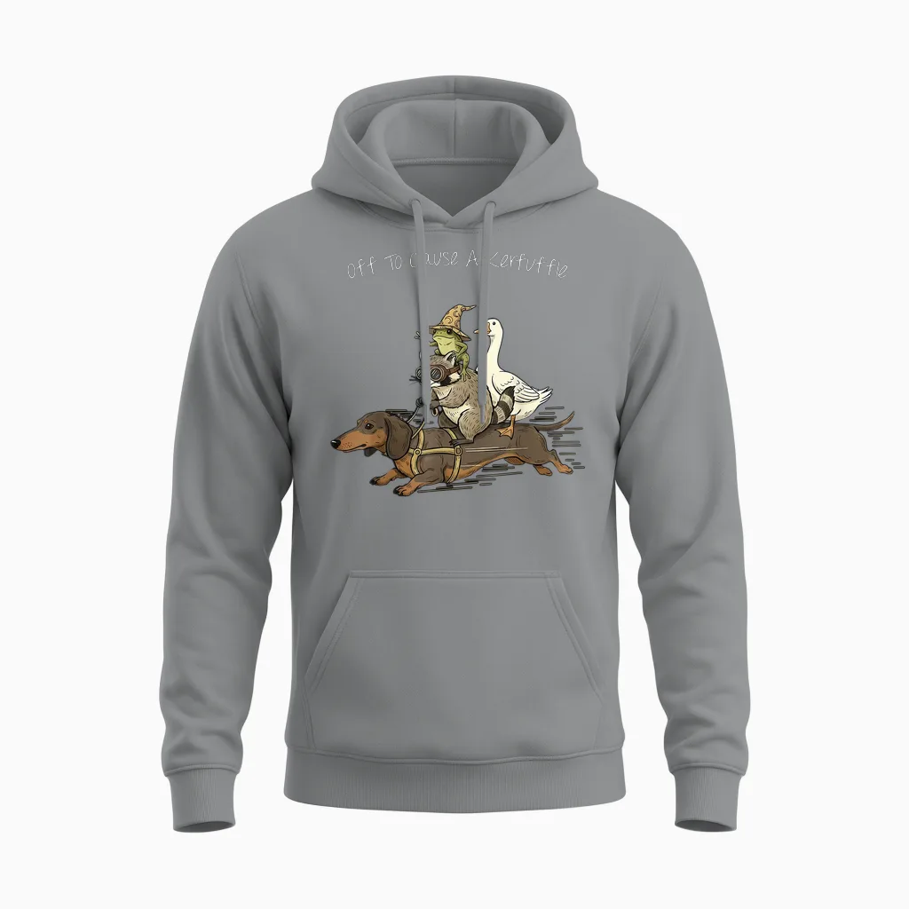 Off to Cause a Kerfuffle Frog Raccoon Goose Riding Dachshund Unisex Hoodie in Sport Grey