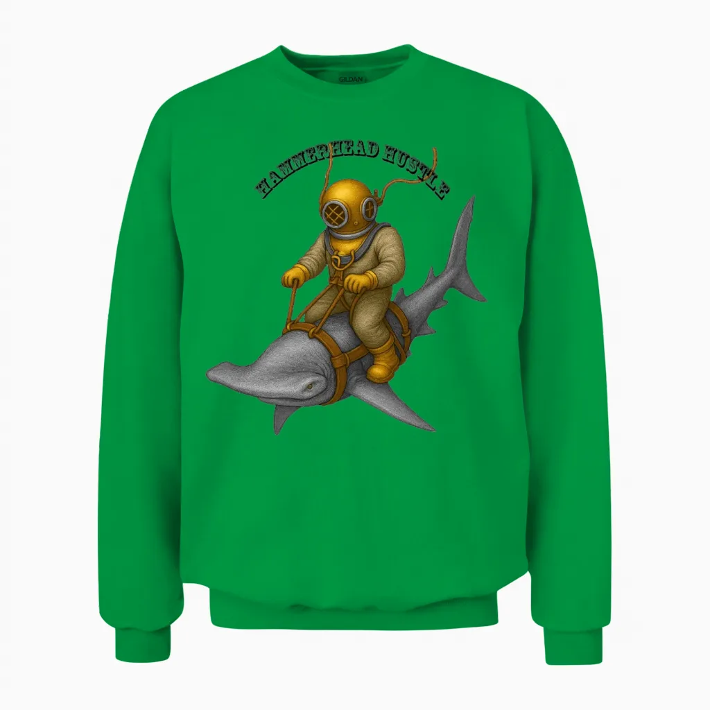 Vintage Helmet Diver Riding a Hammerhead Shark Urm Unisex Sweatshirt in Irish Green