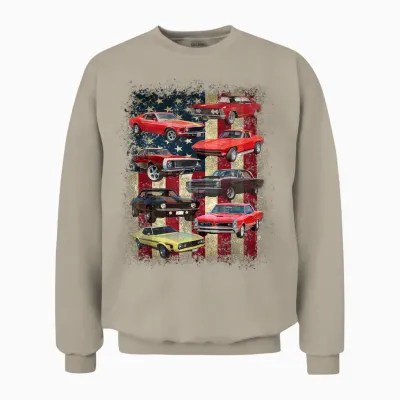 Vintage Classic Muscle Car Retro American Flag Patriotic Unisex Sweatshirt - Sand
