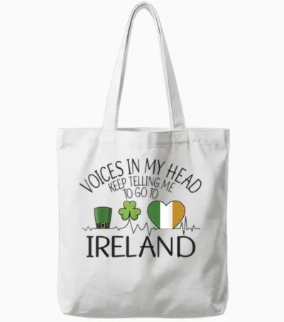 T-Shirt with German Text "stimme in Mein Kopf Sagen Mir Ich Muss Nach Ireland" (, Gray Tote Bags - White
