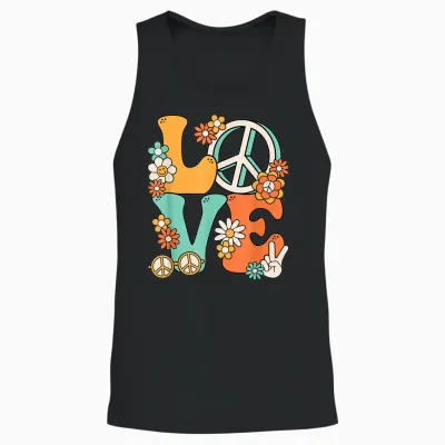 60s 70s Hippie Love Peace Groovy Party Outfit Retro T-Shirt, Black Unisex Tank Top - Black