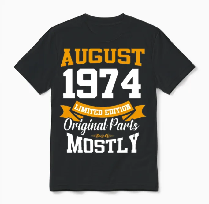 August 1974 Vintage Birthday Present Unisex T-Shirt in Black
