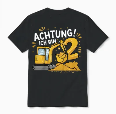 Kinder 2. Geburtstag Junge 2 Jahre Bagger Baustelle Unisex T-Shirt - Black