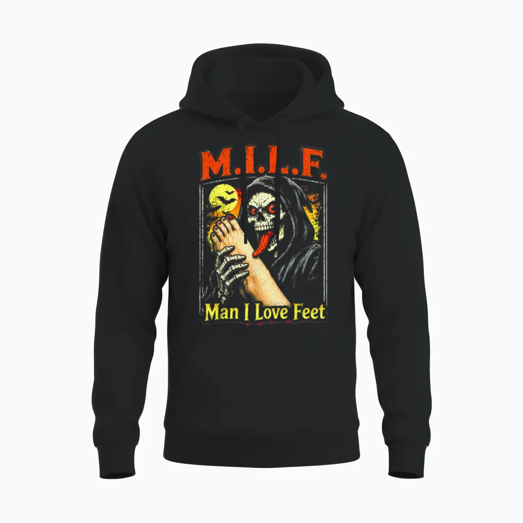 M.i.l.f. Man I Love Feet, Inappropriate Humor Foot Toe Lover Unisex Hoodie in Black