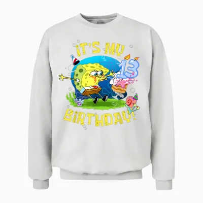 Spongebob It's My 13th Birthday Cake Kids Thirteen Spongebob Unisex Sweatshirt - White