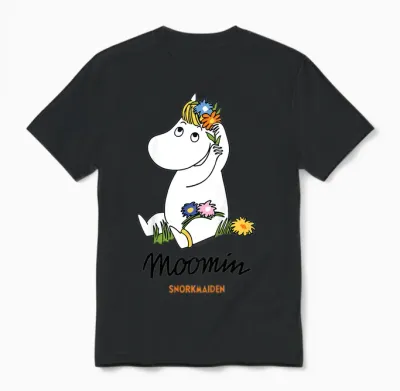 Children's T-Shirt with Moomin Snorkmaiden Flowers in Hair, White Unisex T-Shirt - Black