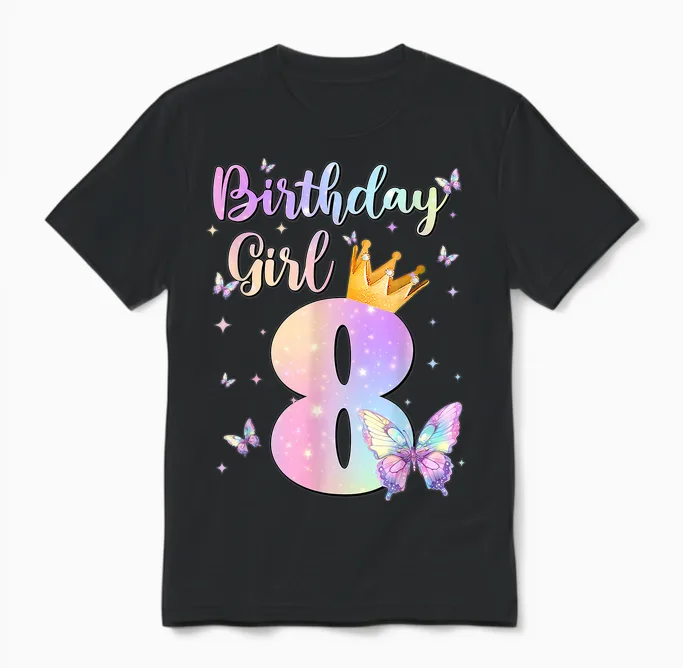 Birthday Girl 8 Year Old Butterfly Theme Party 8th Bday Unisex T-Shirt in Black