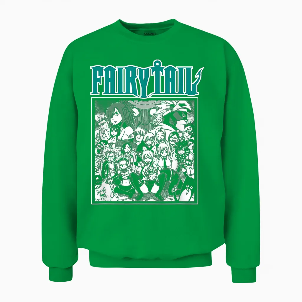 Fairy Tail Manga Black and White Group Shot Anime Unisex Sweatshirt in Irish Green